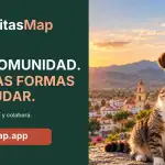 Placa de PatitasMap con un perro y un gato frente a la ciudad de Salta y el lema Una comunidad, muchas formas de ayudar