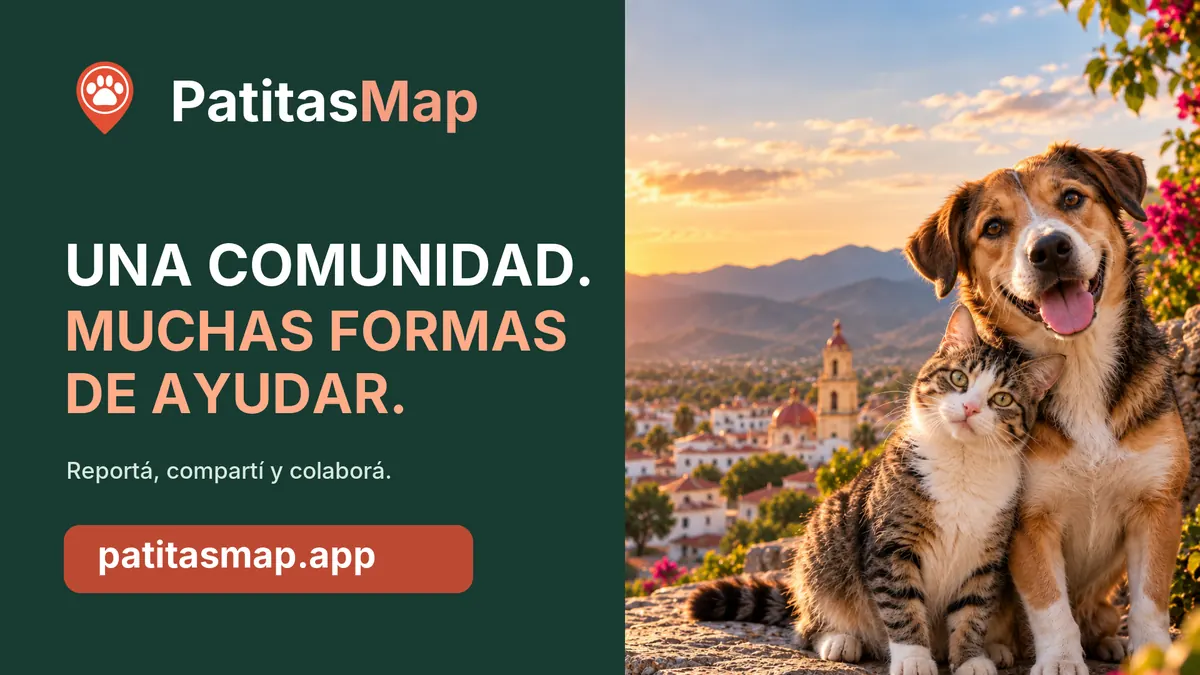 Placa de PatitasMap con un perro y un gato frente a la ciudad de Salta y el lema Una comunidad, muchas formas de ayudar